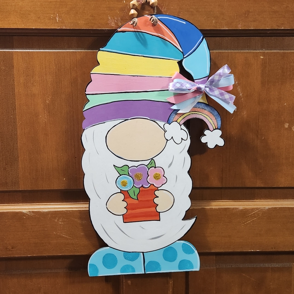 New- Handpainted Spring Gnome with Flowers Door Hanger Glitter